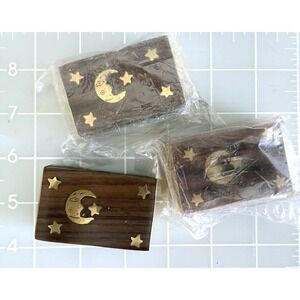 3 Rosewood Trinket Pill Stash Box Moon & Stars 3x2 Brass Accents Vtg India 1970s